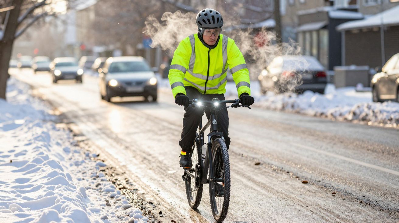 Homem de casaco fluorescente e capacete a andar de bicicleta numa rua com neve em dia frio.
