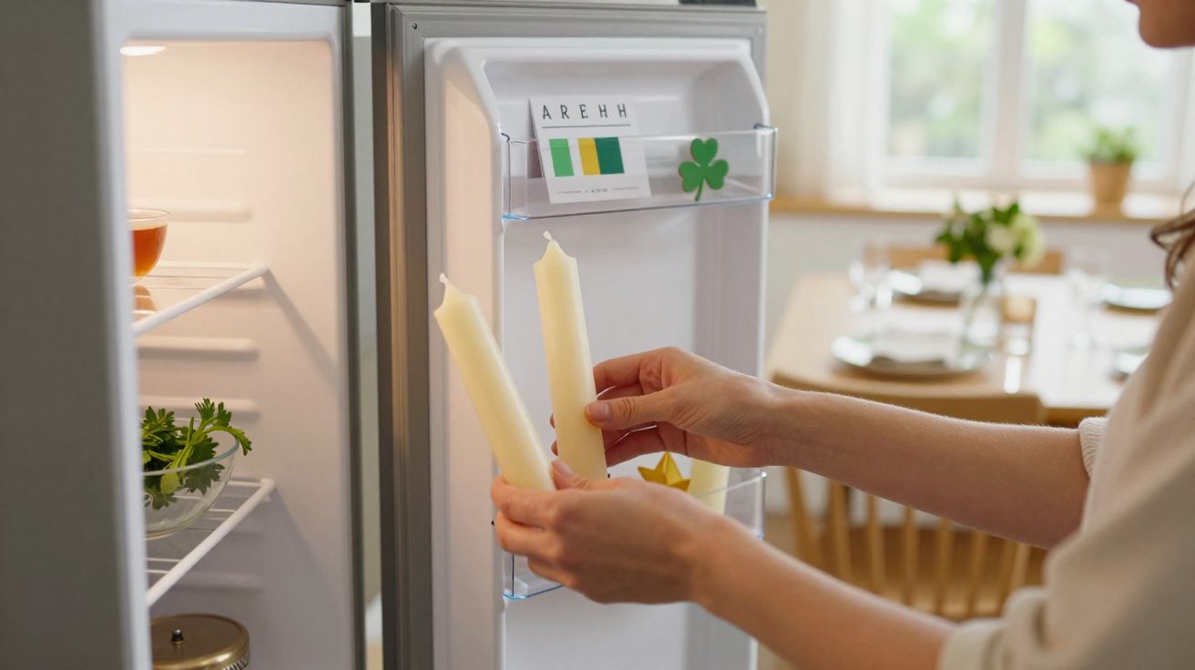 Mãos a colocar velas brancas na porta do frigorífico aberto numa cozinha iluminada.