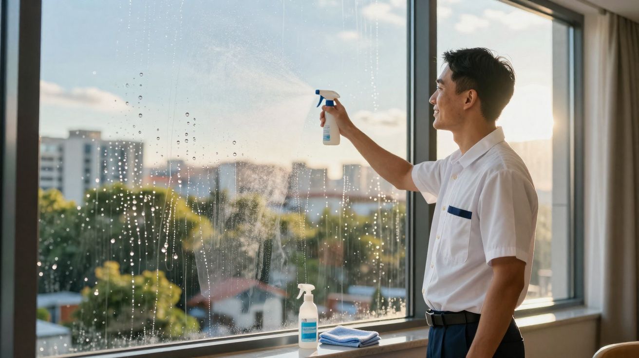 Homem a limpar uma janela com spray de limpeza e pano num apartamento com vista urbana.