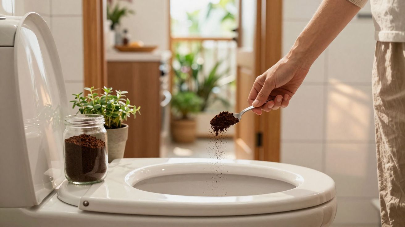 Pessoa a deitar café moído num sanitário branco numa casa de banho com plantas ao fundo.