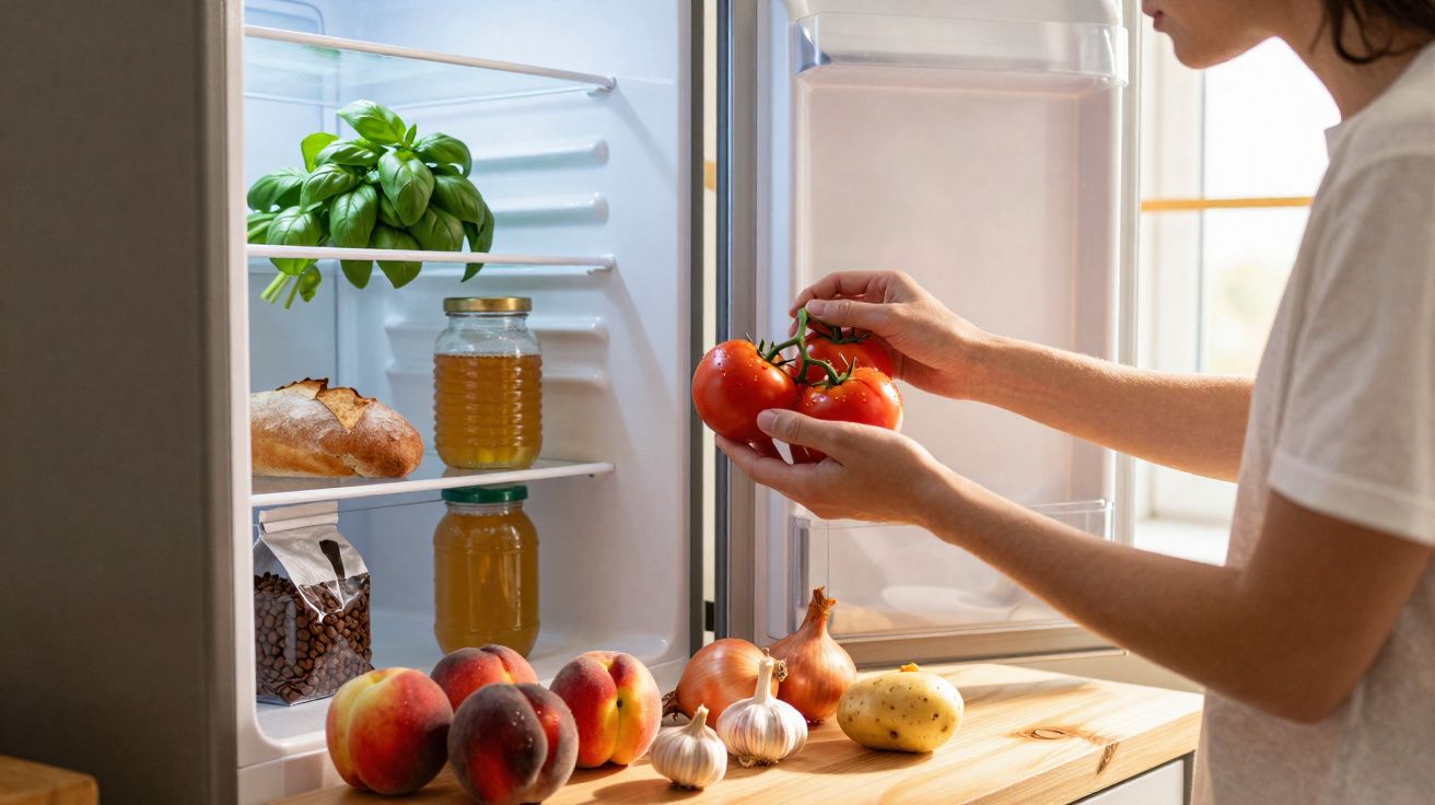 Pessoa a colocar tomates frescos no frigorífico aberto numa cozinha ensolarada com frutas e legumes na bancada.