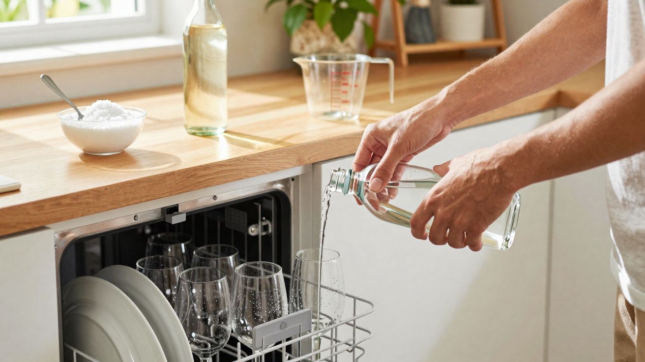 Pessoa a encher copos com água numa cozinha, perto de máquina de lavar loiça aberta.