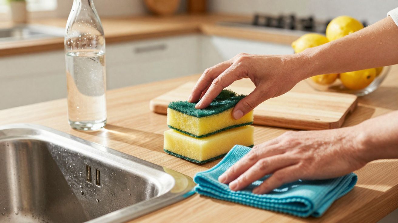 Mãos seguram um esfregão amarelo e uma toalha azul junto a uma pia de cozinha com garrafa de vidro ao fundo.