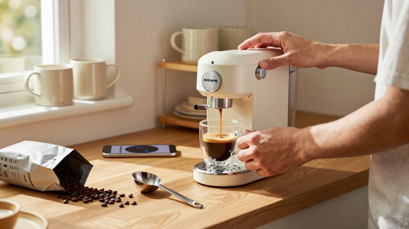Pessoa a preparar café numa máquina branca num balcão de cozinha com grãos e telefone perto.