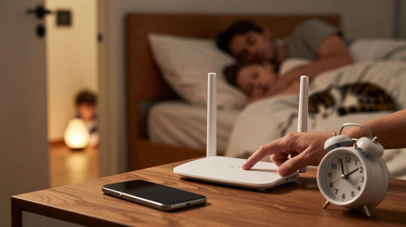 Pessoa a desligar router na mesa de cabeceira, com casal e gato a dormir ao fundo e criança sentada no chão.