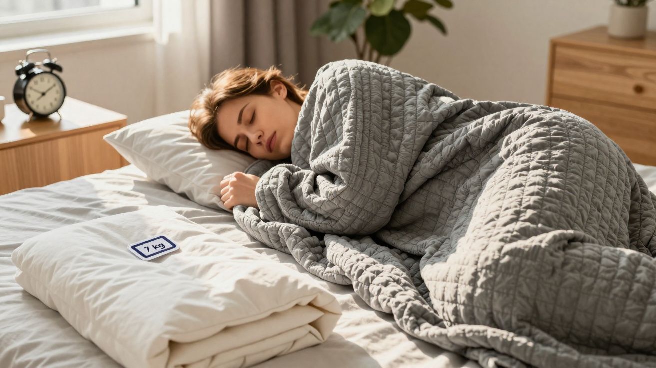 Mulher a dormir na cama, coberta com manta cinzenta pesada, próximo de cobertor com etiqueta de peso.