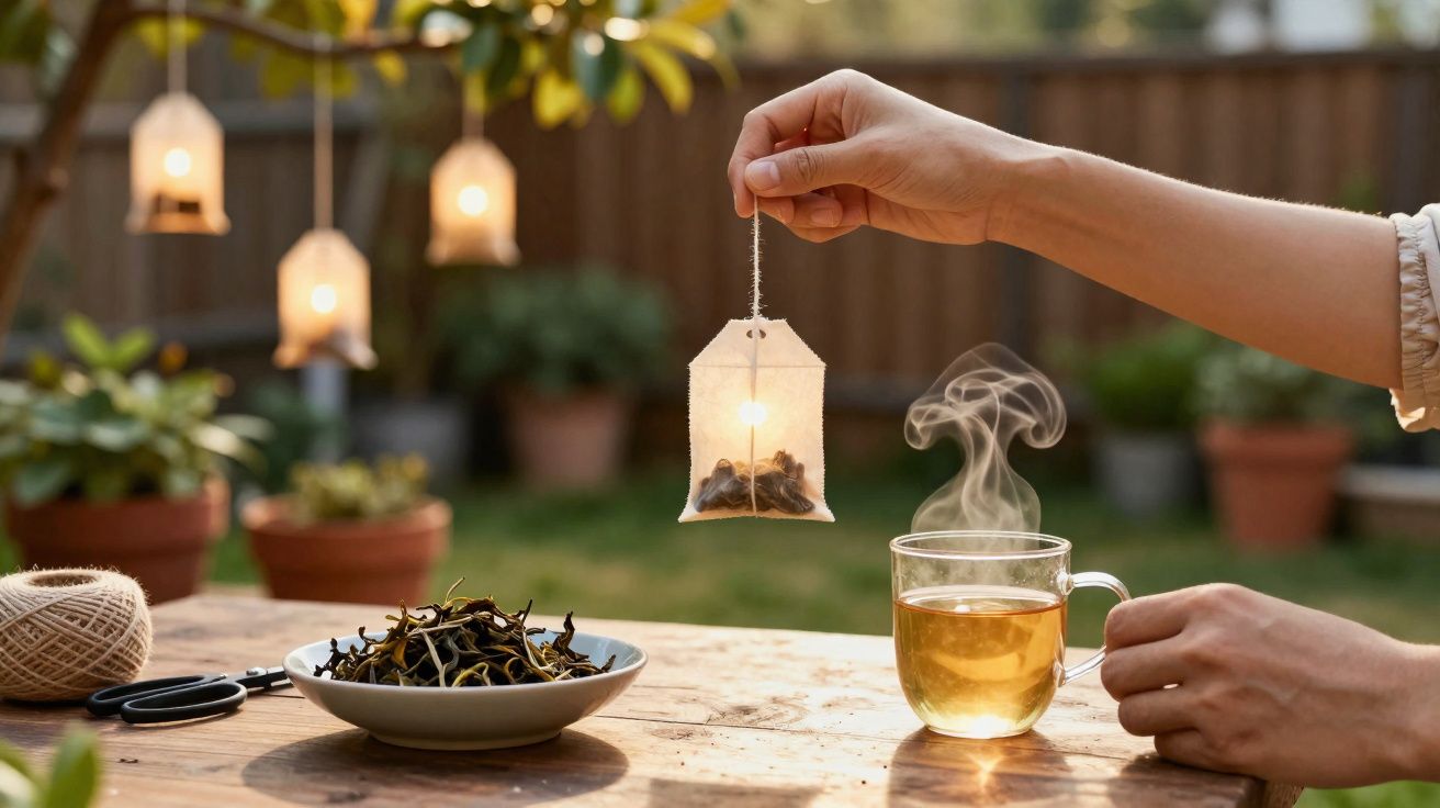 Mão segurando saqueta de chá sobre chá quente numa chávena num ambiente de jardim com plantas e luzes.