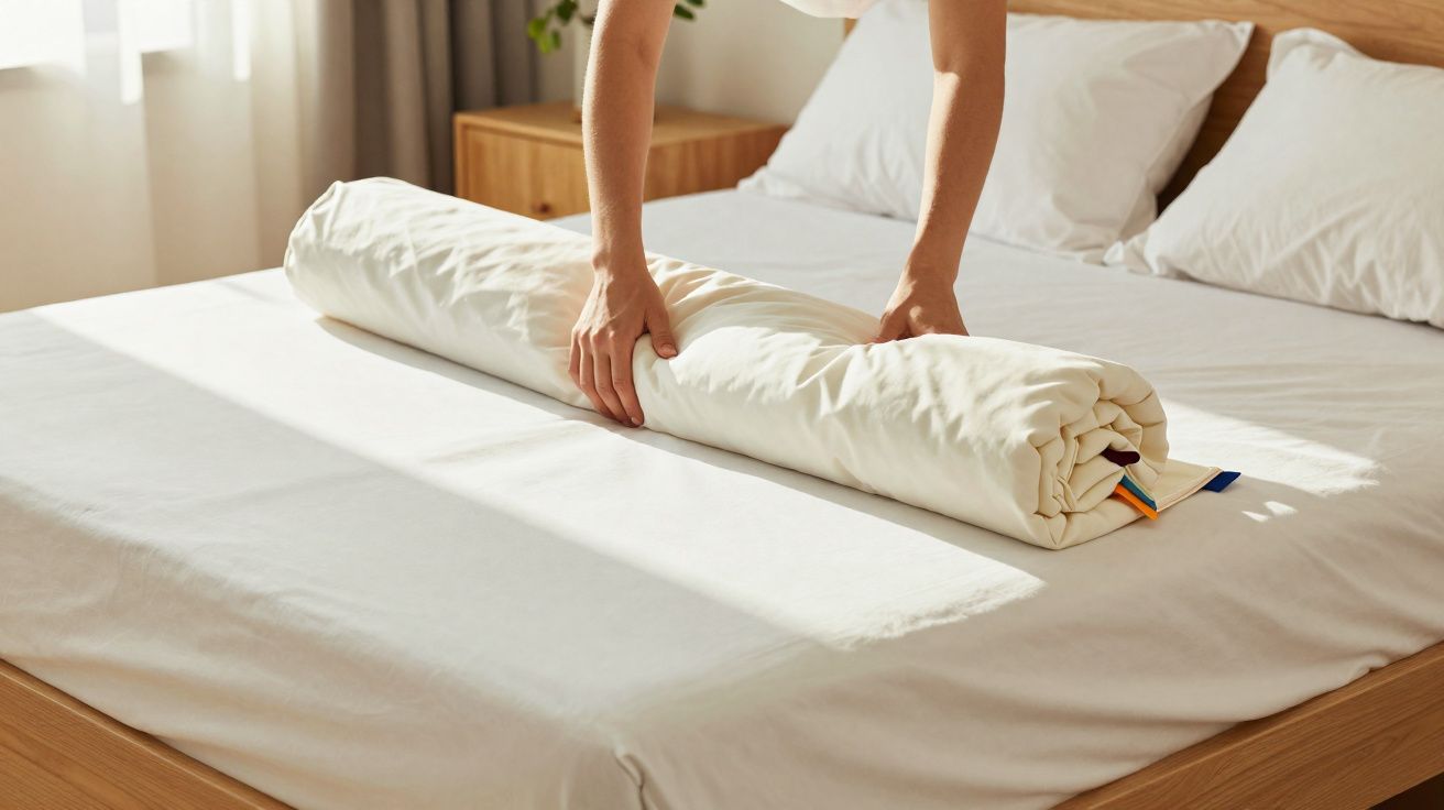 Pessoa a enrolar um edredão branco numa cama com lençóis brancos e cabeceira de madeira clara.