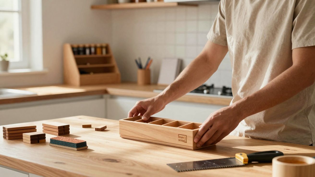 Pessoa a organizar divisórias de madeira numa bancada de cozinha com utensílios e serra à vista.