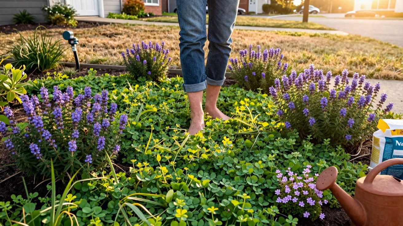 Pessoa descalça a caminhar num jardim com plantas de folhas verdes e flores roxas ao pôr do sol.