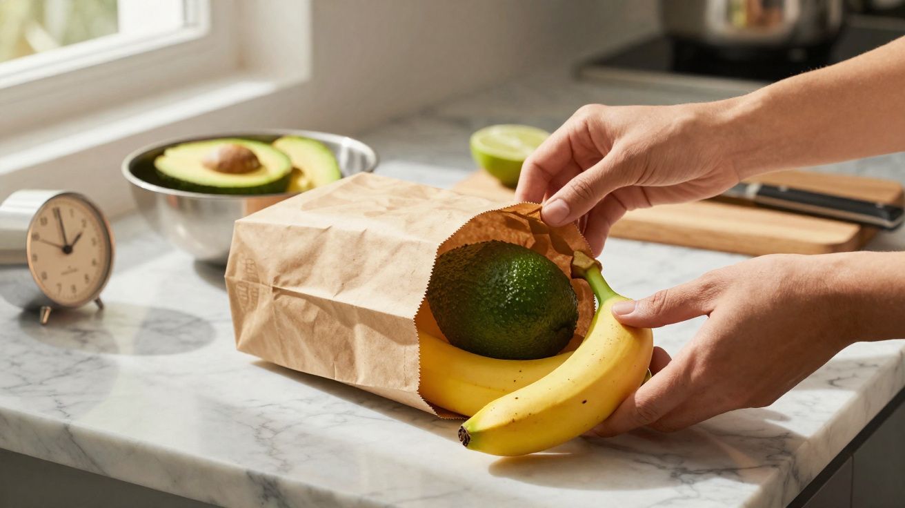 Mãos a retirar banana e abacate de saco de papel numa cozinha com bancada de mármore clara.