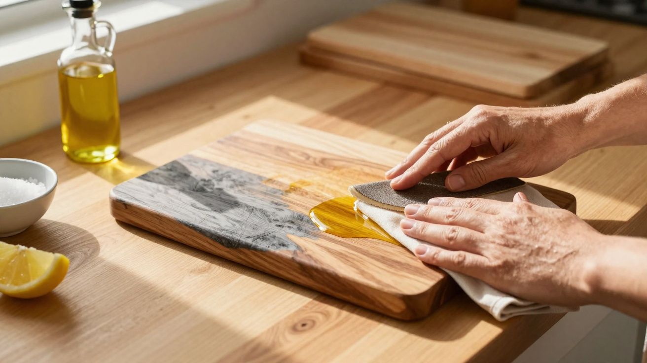 Mãos a limpar azeite derramado numa tábua de cortar de madeira com pano numa cozinha iluminada pelo sol.