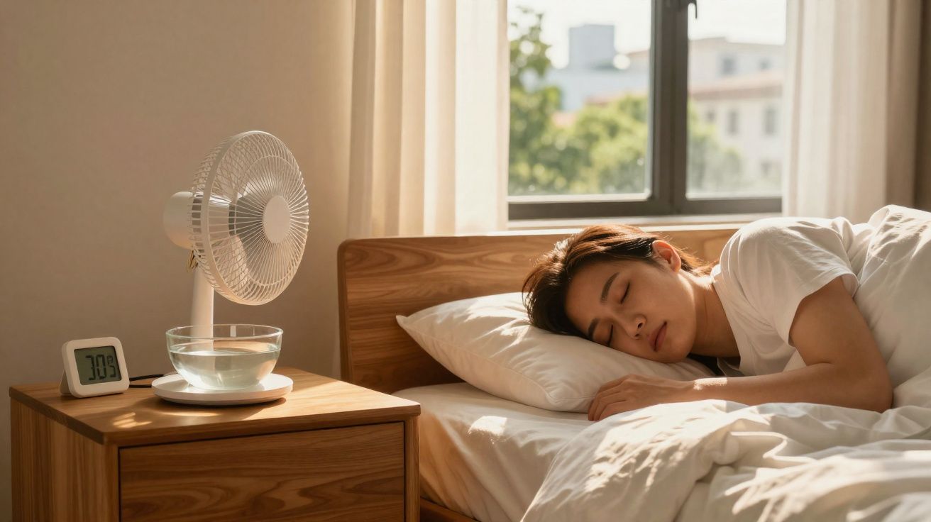 Pessoa a dormir na cama junto a uma mesa de cabeceira com ventilador, tigela de água e relógio digital.