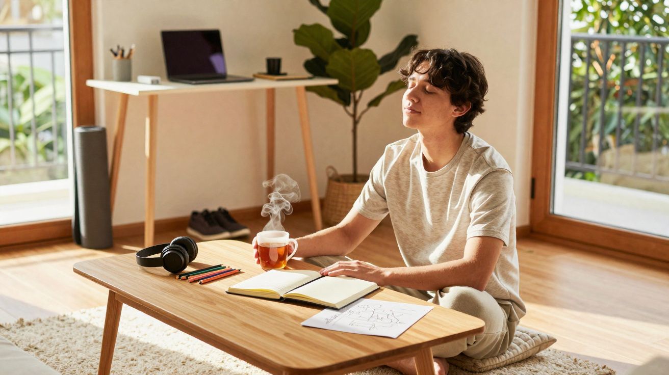 Pessoa sentada no chão com chá quente, relaxando junto a uma mesa baixa com caderno e auscultadores.