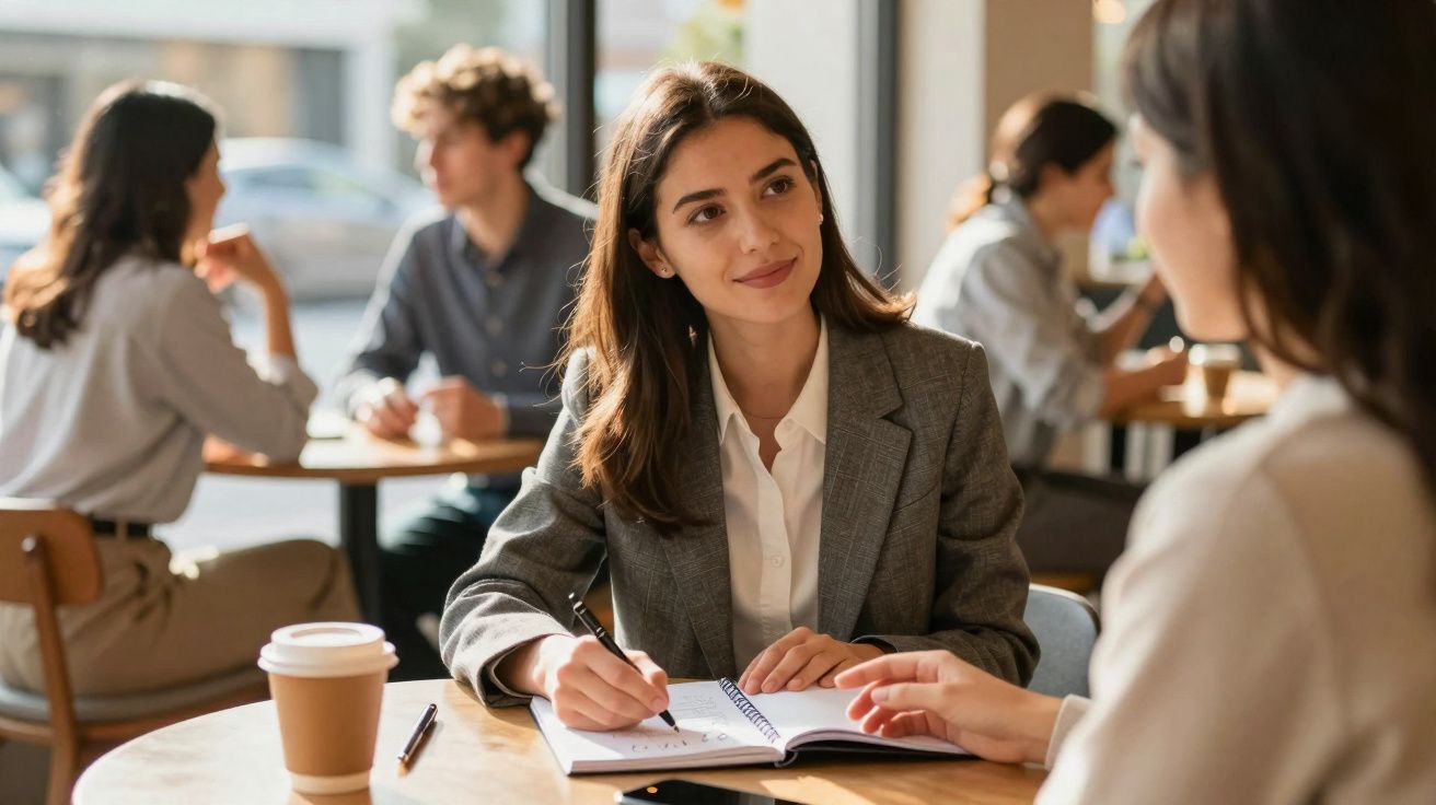 Duas mulheres em conversa num café, uma escreve numa agenda enquanto a outra gesticula com as mãos.