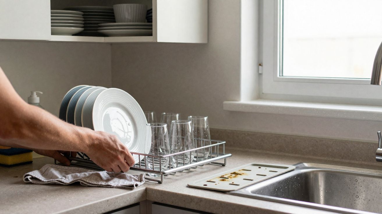 Pessoa a colocar pratos e copos numa cesta metálica na bancada da cozinha junto a uma pia e janela.