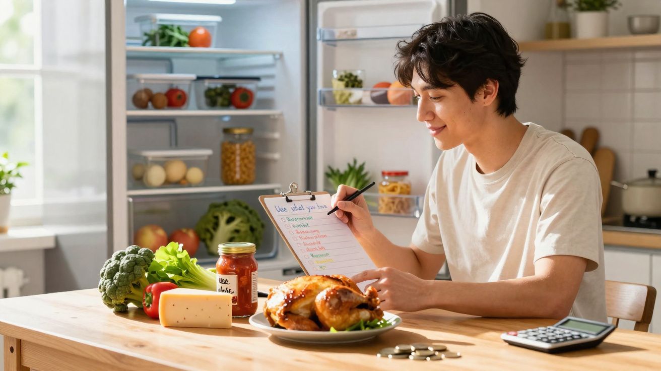 Homem sentado à mesa com legumes, queijo e frango, a fazer lista de compras na cozinha.