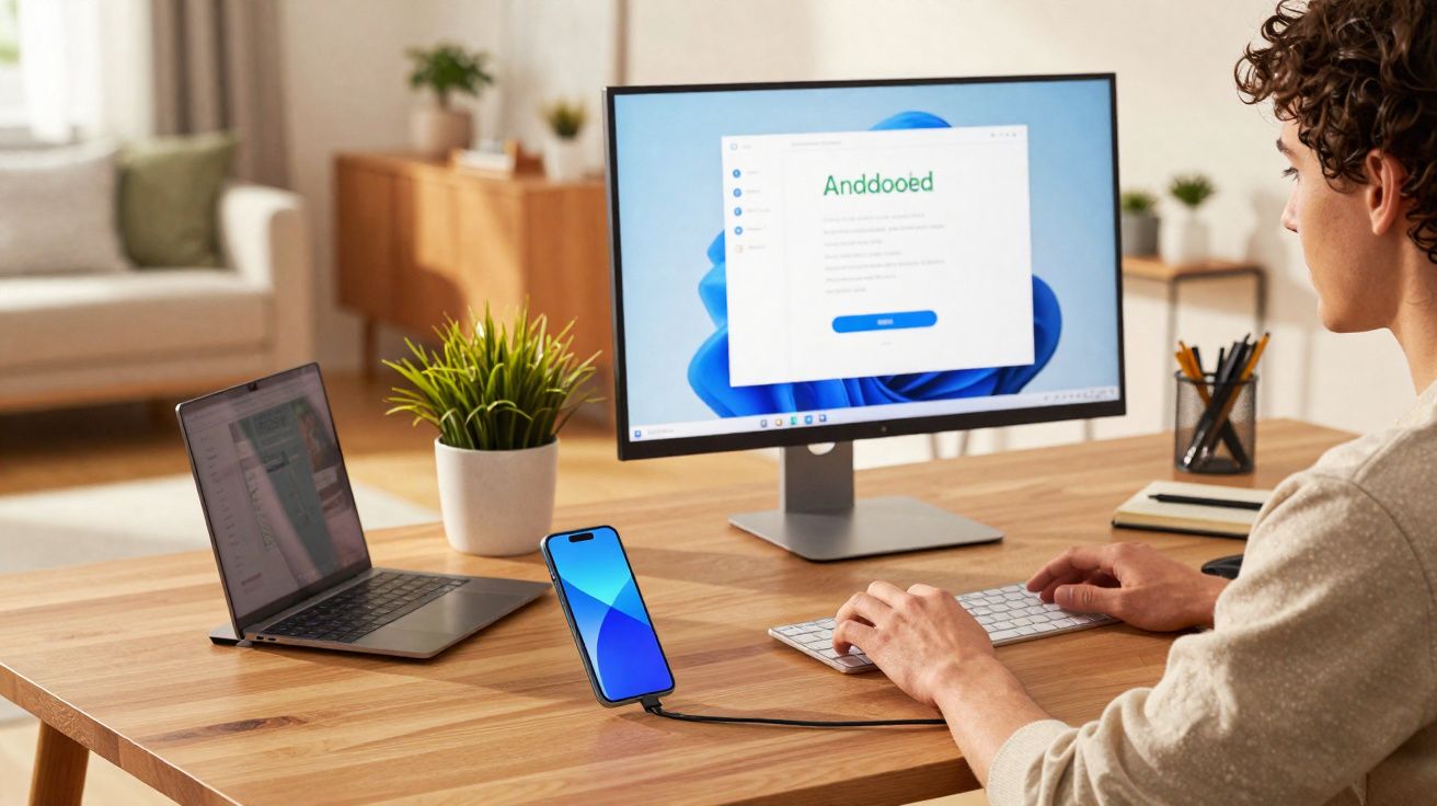 Pessoa a usar computador com ecrã externo, smartphone e portátil numa secretária de madeira, ambiente luminoso em casa.