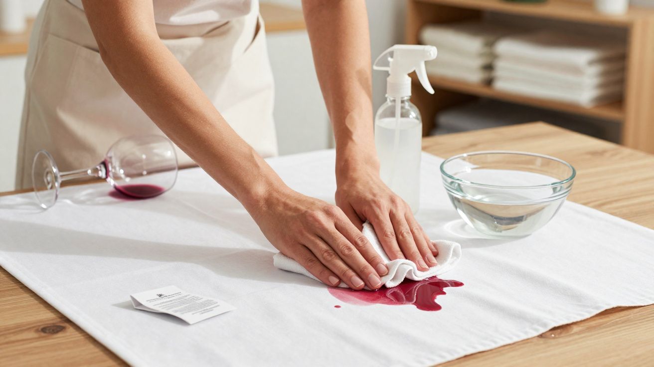 Mãos a limpar nódoa de vinho tinto num tecido branco com pano, spray de limpeza e tigela de água.