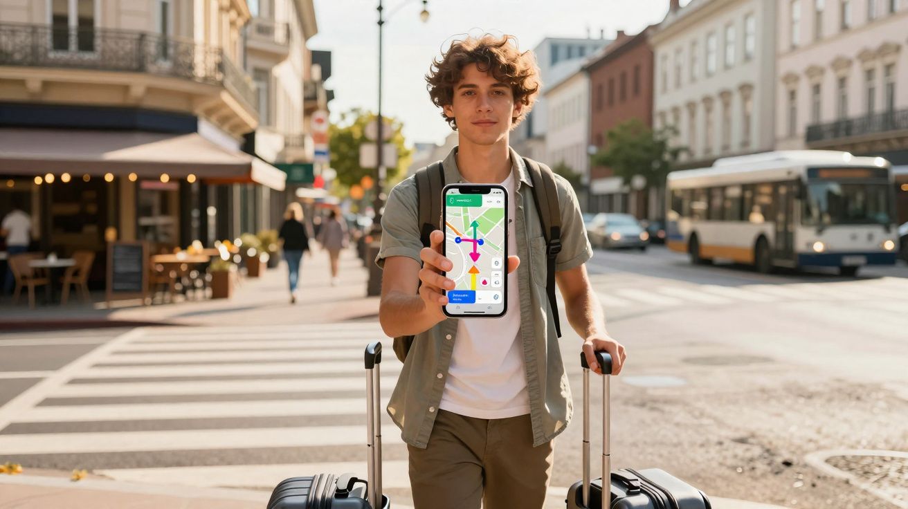 Jovem com duas malas numa rua mostra ecrã de smartphone com aplicação de mapas e direções.