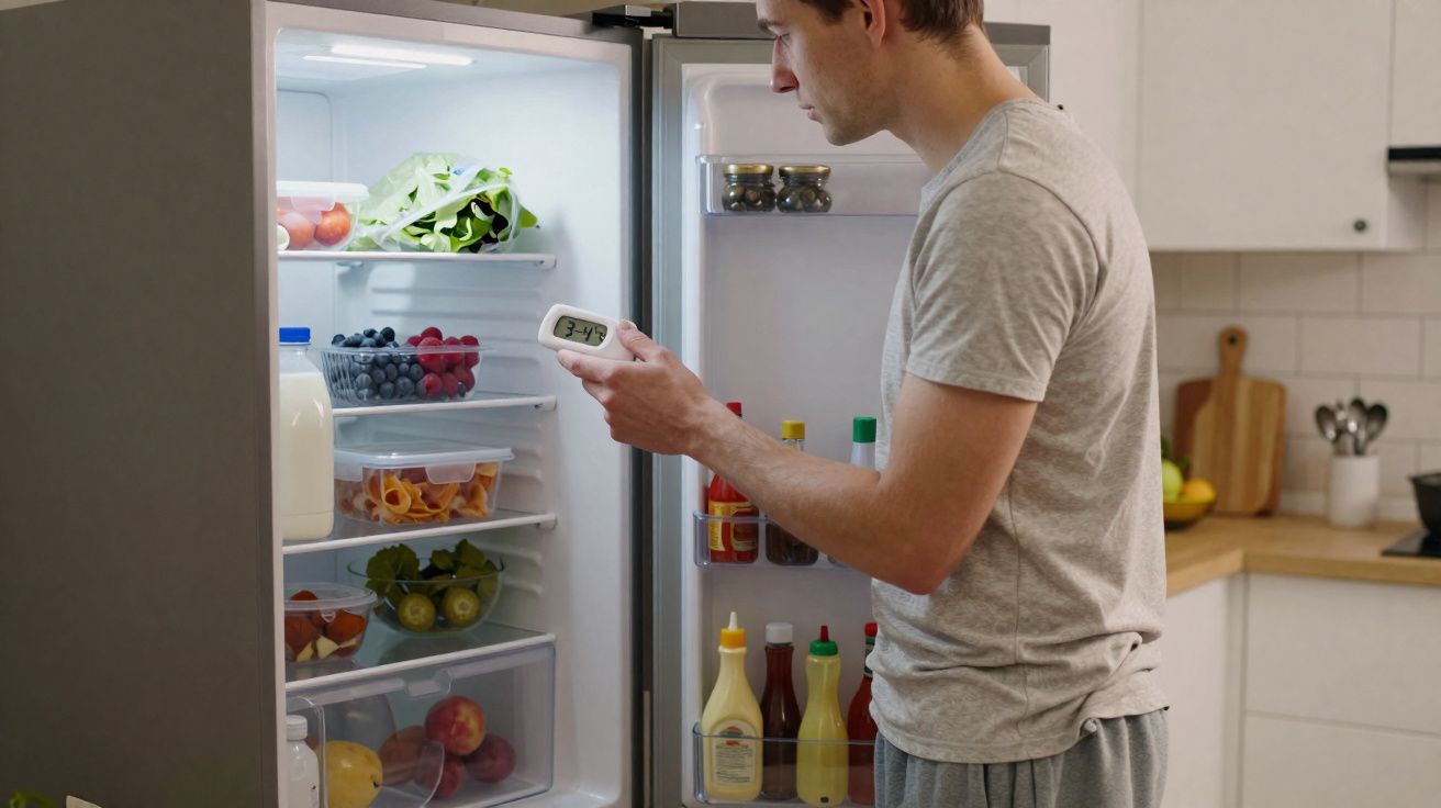 Homem a verificar temperatura com termómetro digital junto ao frigorífico aberto na cozinha.