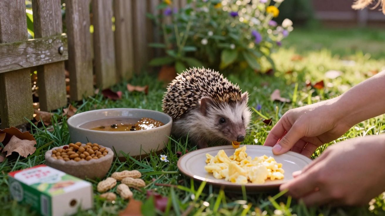 Ouriço a comer pipocas num prato, com comida e água ao lado num jardim ensolarado.