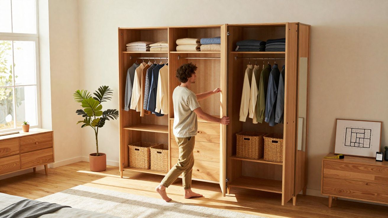 Homem abre armário de madeira em quarto minimalista com roupa organizada e decoração clara.