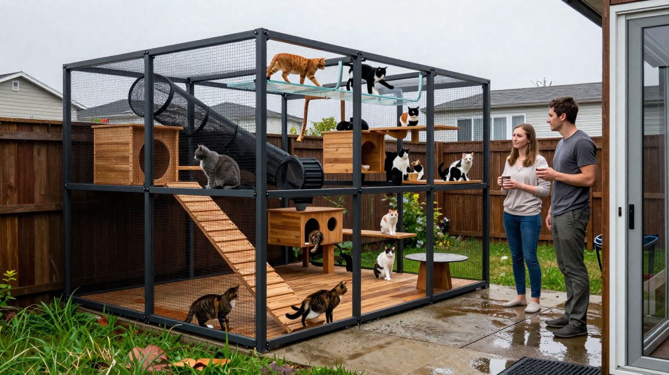 Gaiola grande ao ar livre com vários gatos e dois adultos a observarem no jardim de uma casa.
