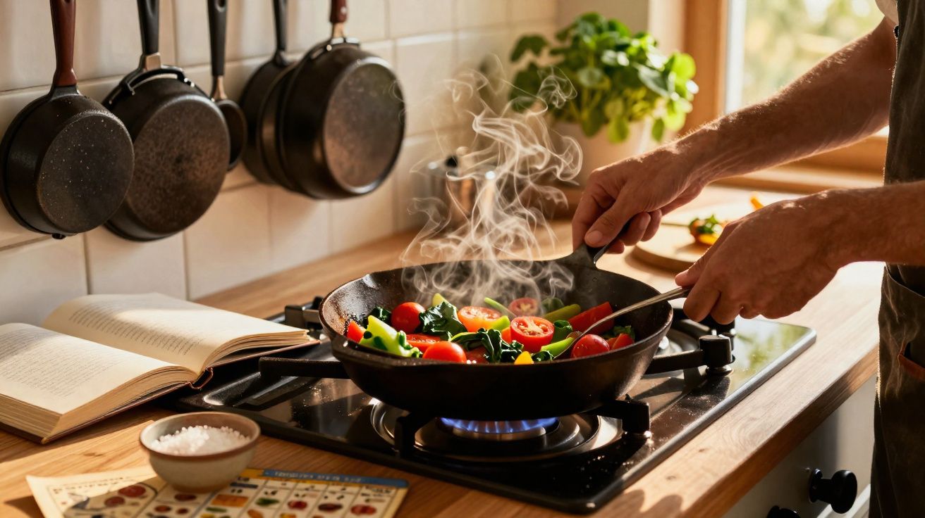 Pessoa a cozinhar legumes coloridos numa frigideira num fogão a gás numa cozinha iluminada.