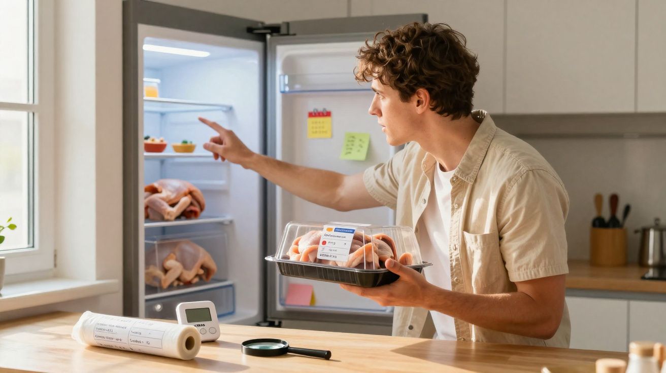 Homem a olhar para dentro do frigorífico aberto enquanto segura embalagem de comida na cozinha moderna.