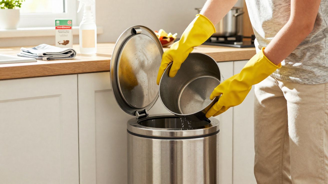 Pessoa com luvas amarelas a deitar água de um recipiente num caixote do lixo metálico na cozinha.