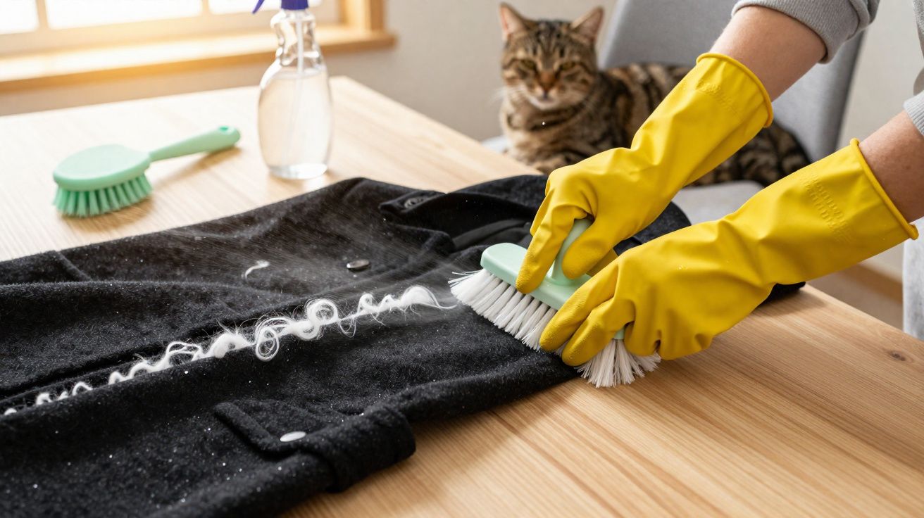 Pessoa com luvas amarelas a limpar pelos de gato de casaco preto com escova numa mesa de madeira, gato ao fundo.