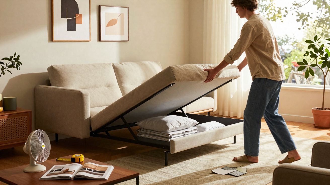 Pessoa abre sofá-cama beige com armazenamento em sala com decoração minimalista e luz natural.
