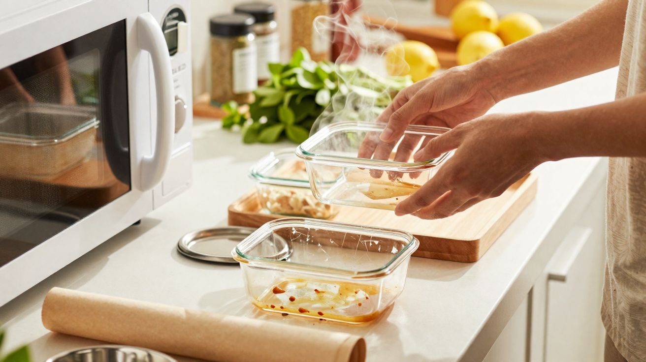 Mãos a colocar recipiente de vidro quente na bancada da cozinha ao lado de micro-ondas e ingredientes.