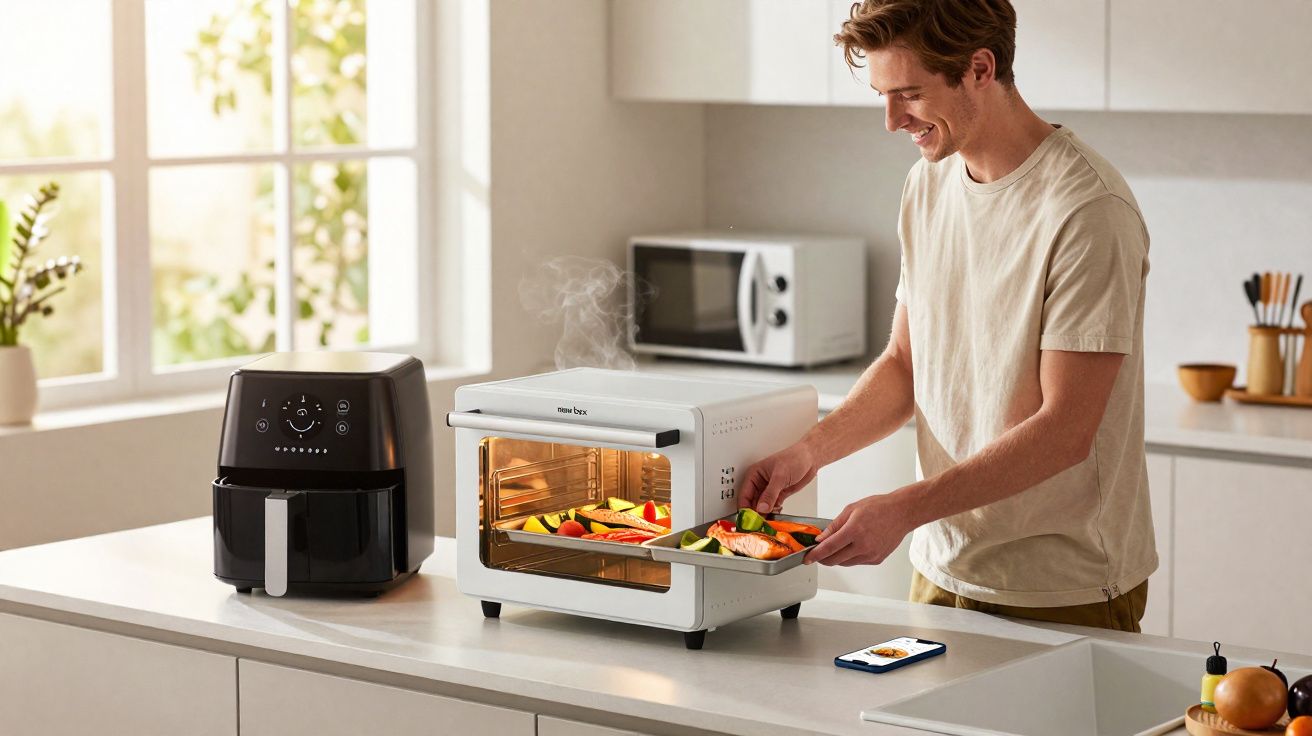Homem a retirar tabuleiro com legumes e carne de forno eléctrico numa cozinha moderna.