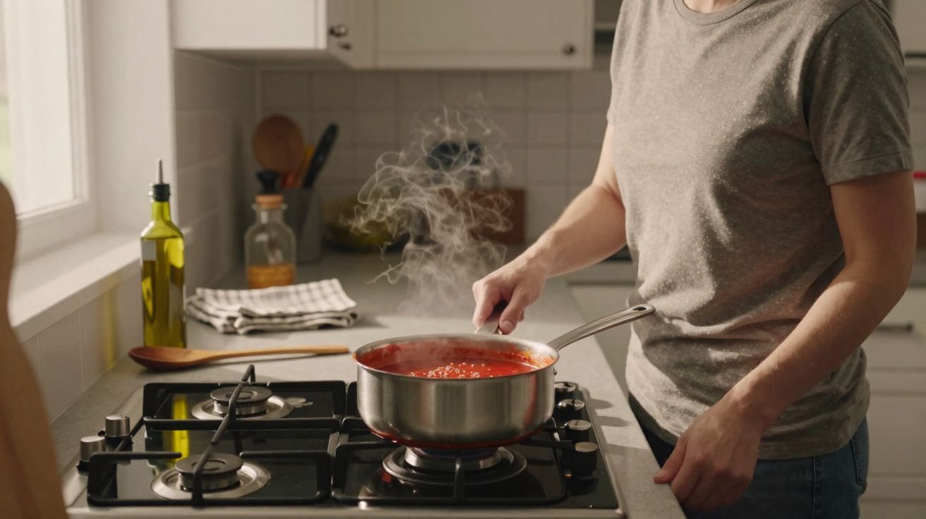 Pessoa a mexer molho vermelho a ferver numa panela no fogão a gás numa cozinha.