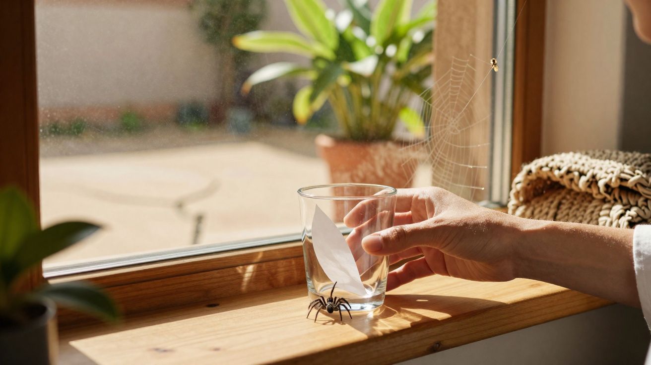 Mão segurando copo de vidro perto de aranha numa janela com teia e plantas ao fundo.