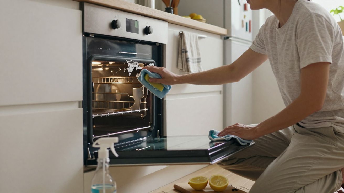 Pessoa a limpar o interior do forno aberto numa cozinha moderna com esponja e produto de limpeza.
