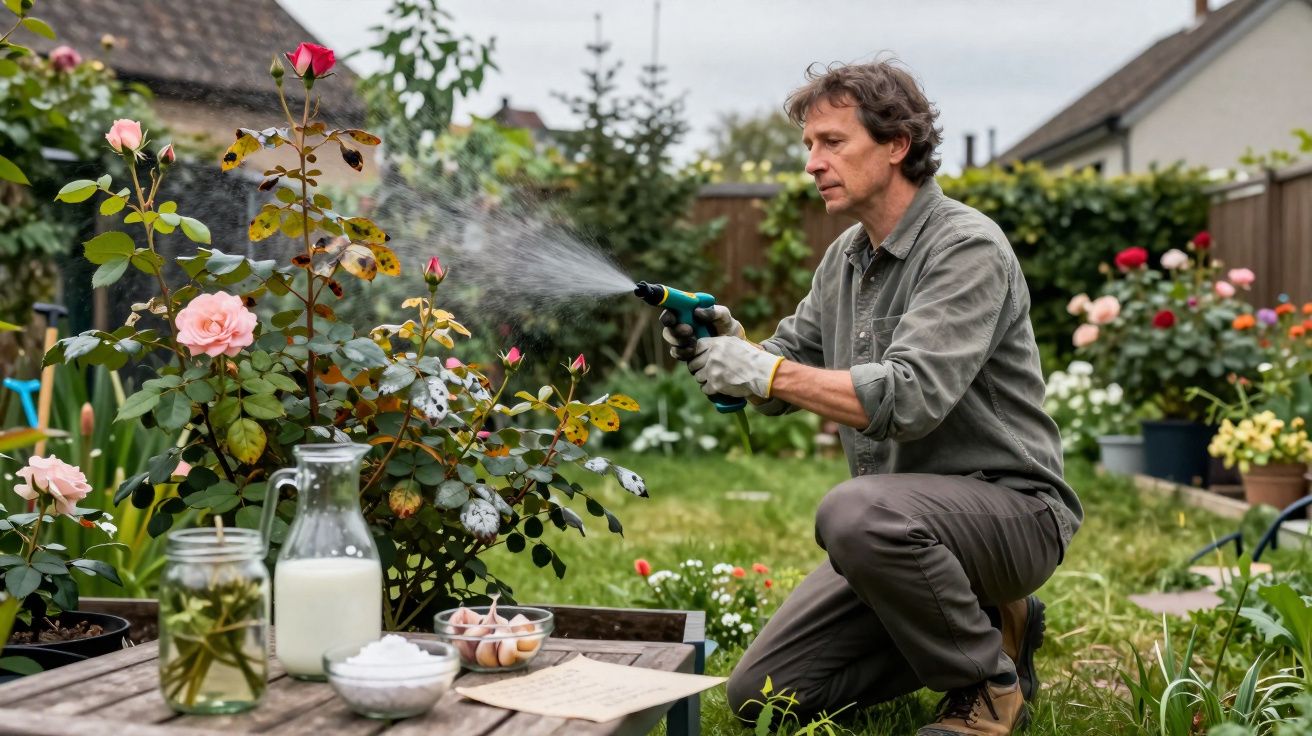 Homem a regar plantas de rosa num jardim doméstico com várias flores e utensílios ao lado.