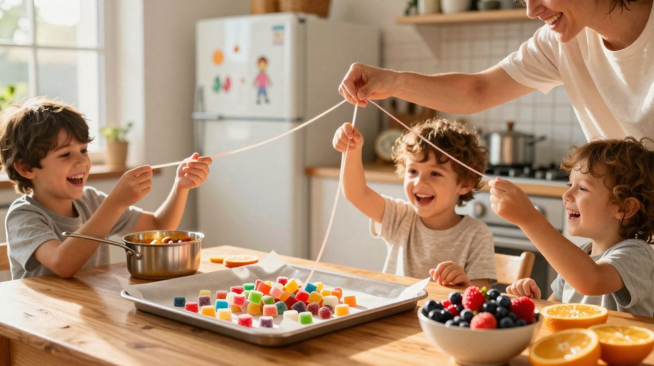 Crianças e uma mulher a brincar com fio de massa ou doces numa cozinha luminosa e acolhedora.