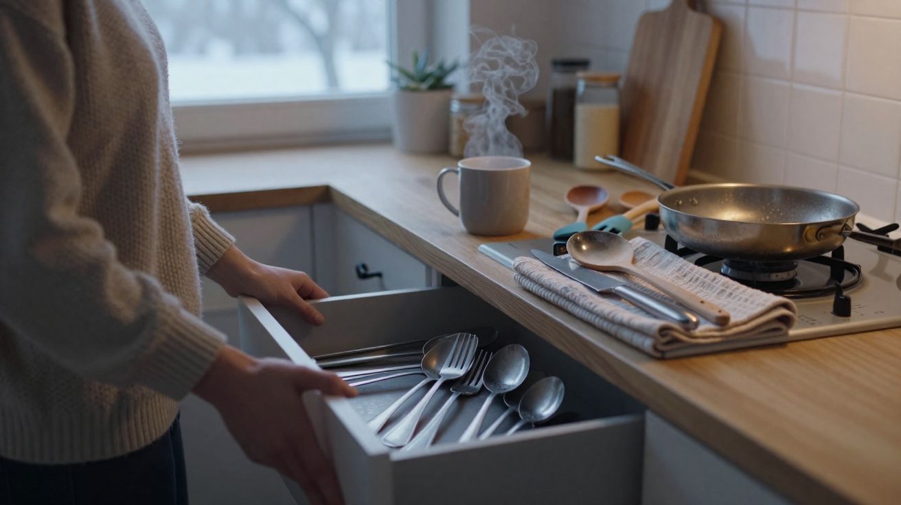 Pessoa a guardar talheres num armário de cozinha com panela e chávena de chá na bancada.