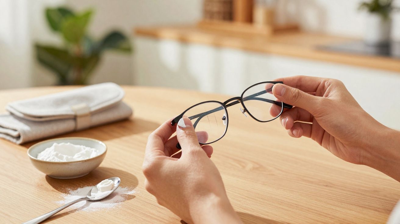 Mãos seguram óculos de armação preta sobre mesa de madeira com recipiente e colher com pó branco.