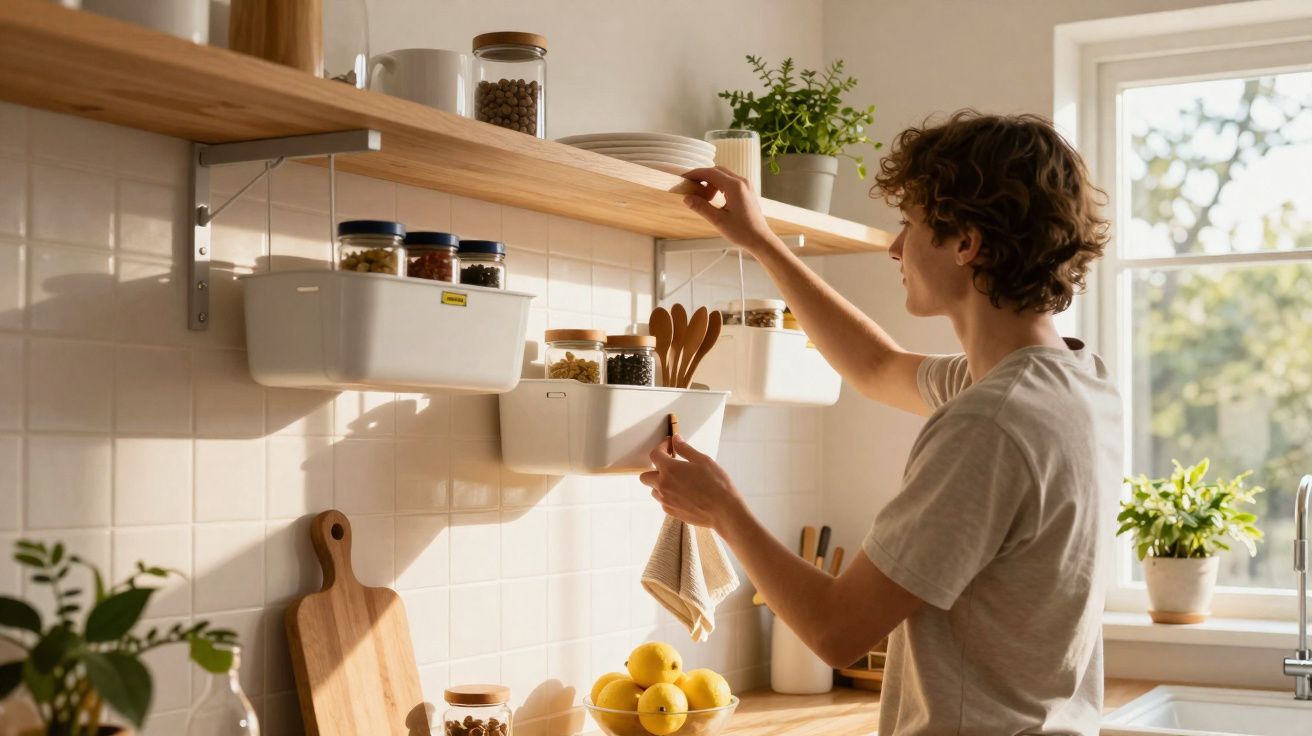 Pessoa a arrumar pratos numa prateleira de cozinha com potes e plantas, luz natural pela janela.