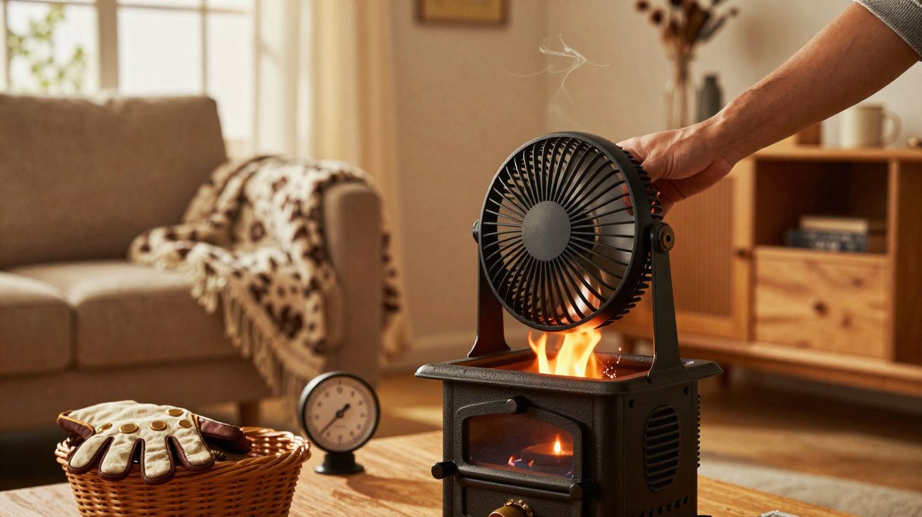 Aquecedor a lenha numa sala com mão a ajustar ventilador encima do fogão e luvas numa cesta.