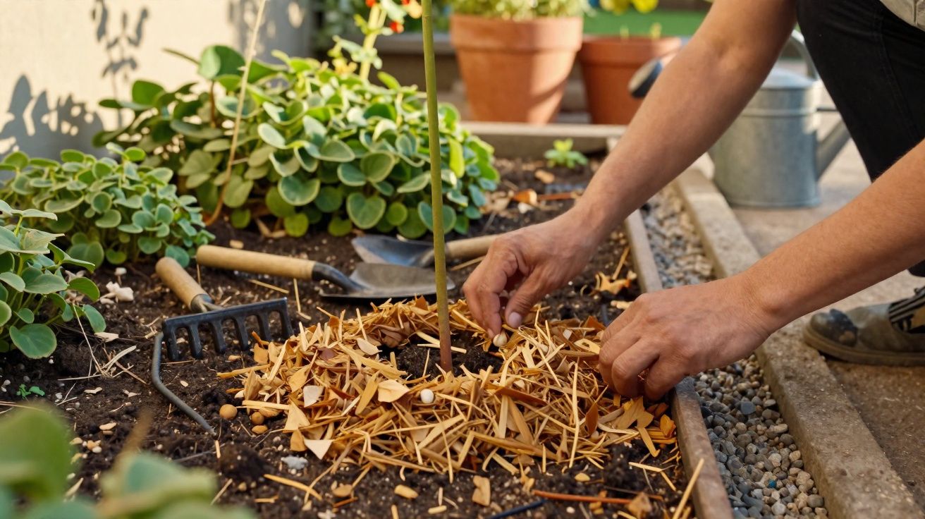 Pessoa a cuidar de planta jovem num jardim, com ferramentas e cobertura orgânica na terra.