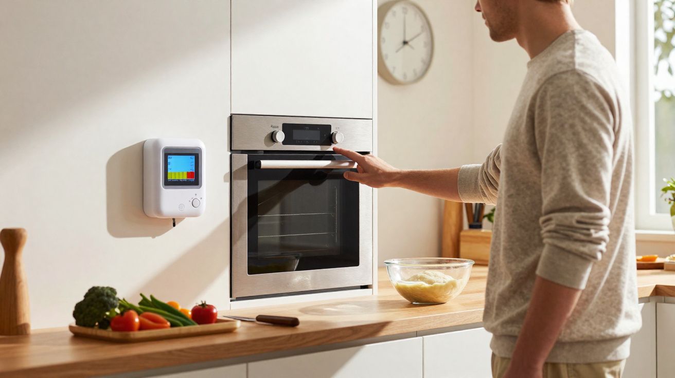 Homem a utilizar forno embutido numa cozinha moderna com legumes e medidor de energia na parede.