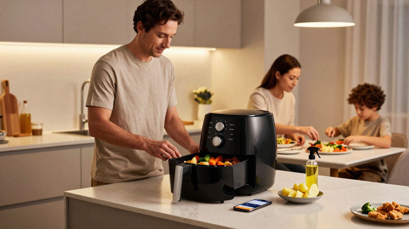 Homem a preparar legumes numa fritadeira sem óleo enquanto família come no fundo da cozinha moderna.