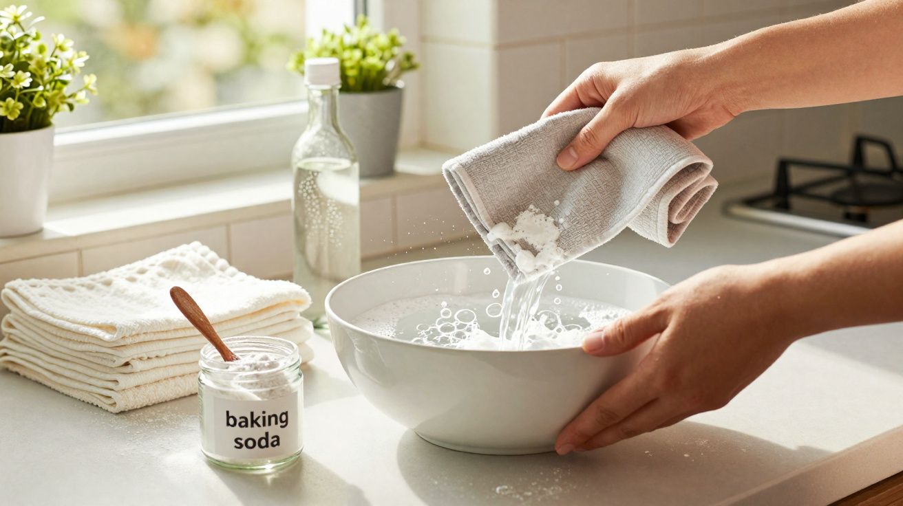 Mãos a verter bicarbonato de sódio de um pano para uma tigela com água numa cozinha luminosa.