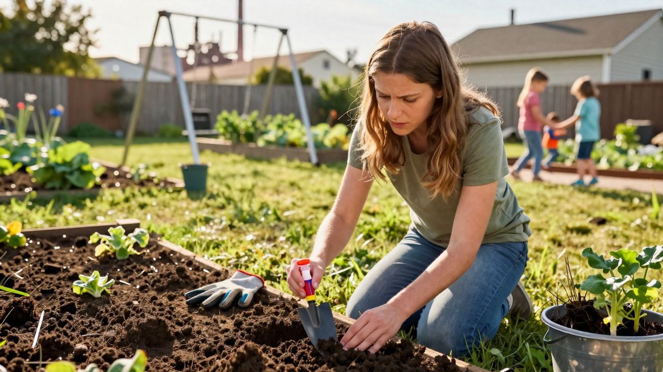 Mulher jovem a plantar flores numa horta com crianças e parque infantil ao fundo.