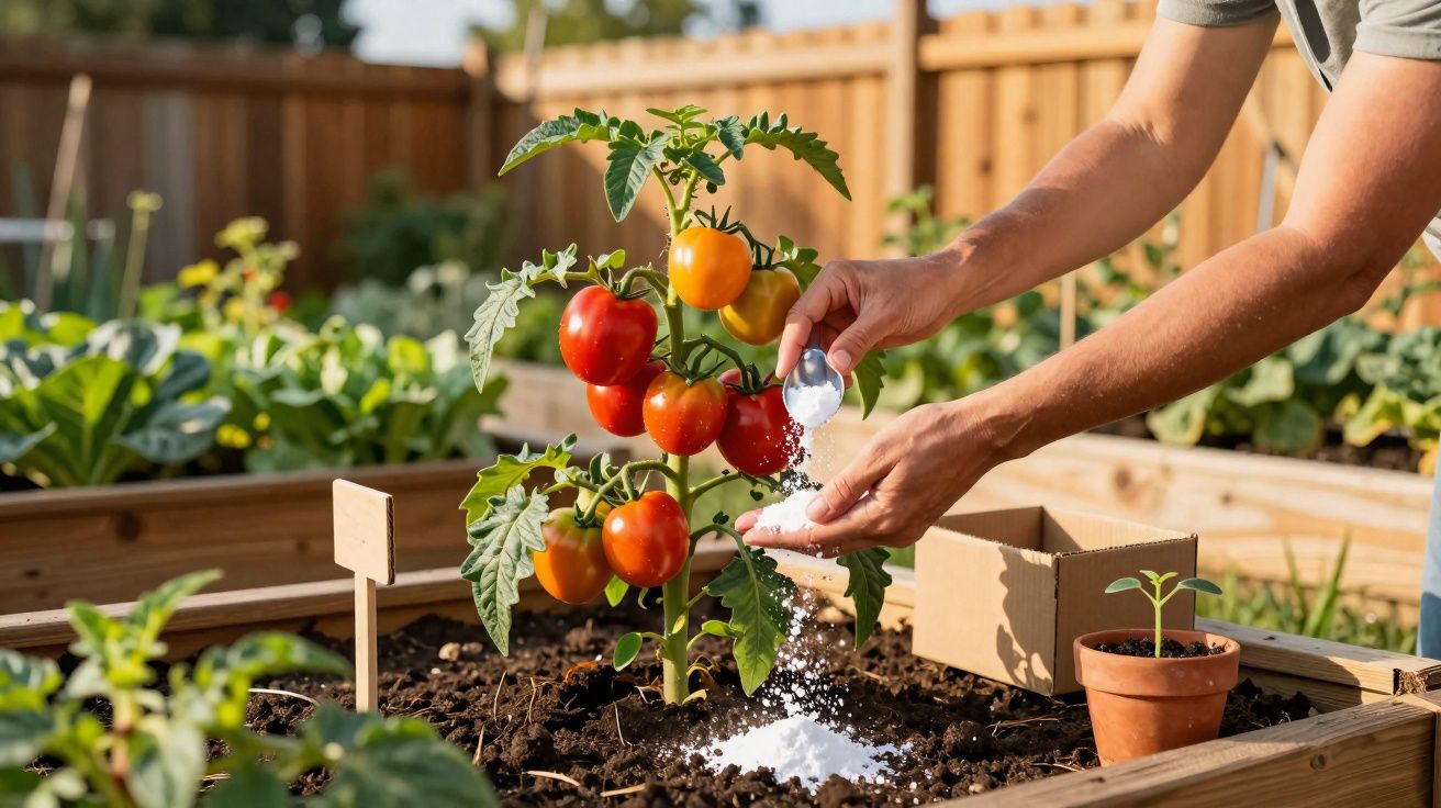 Pessoa a aplicar fertilizante em planta de tomateiros num canteiro de jardim exterior.